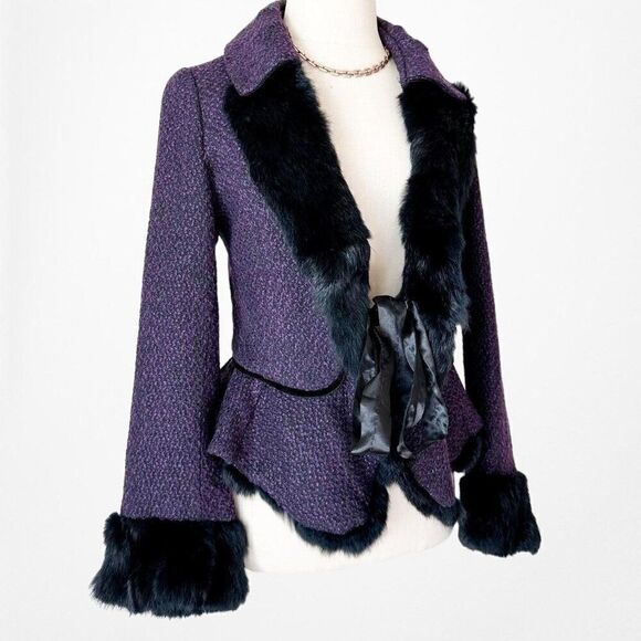 Vintage Y2K Purple Tweed Faux Fur Lined Peplum Blazer Jacket Coat Size S - Picture 4 of 6